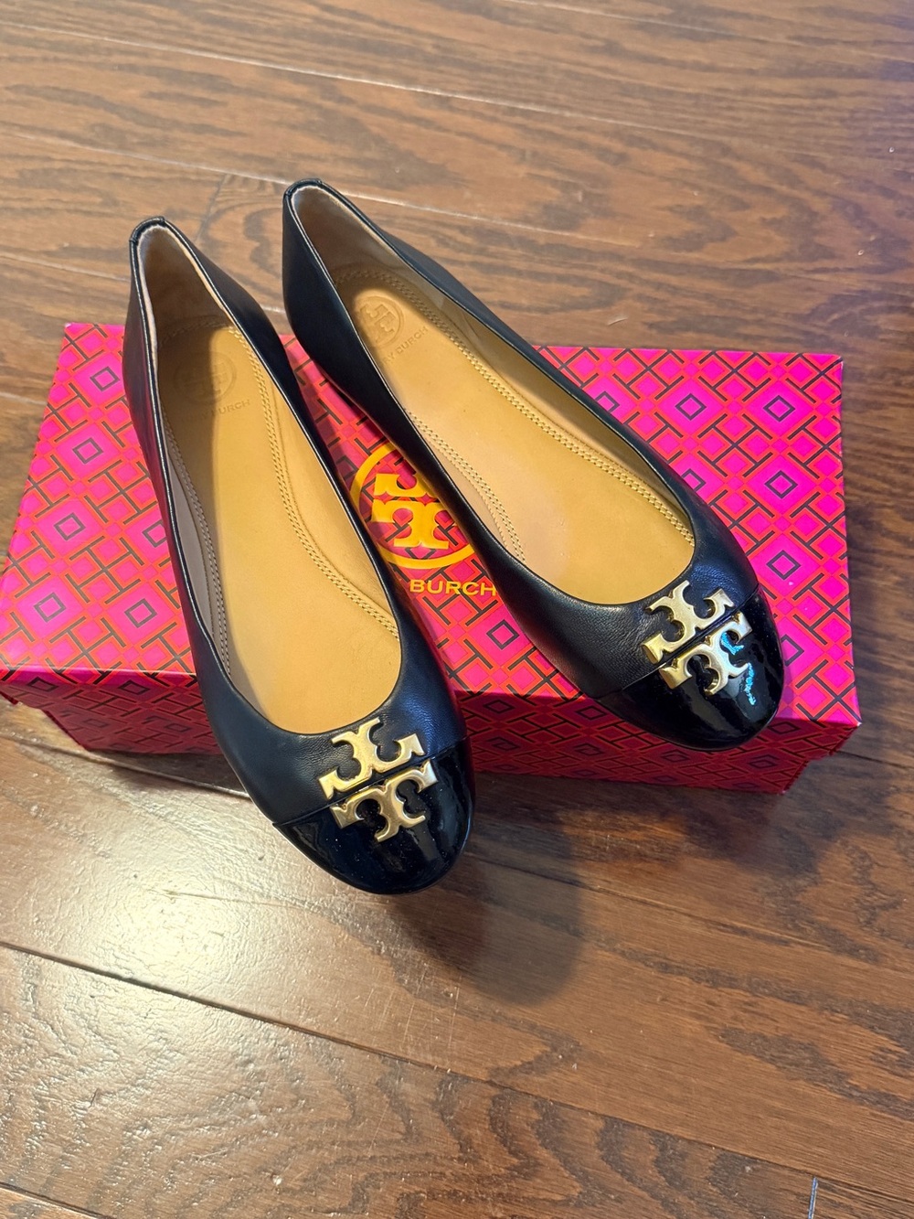 Tory Burch Black Patent & Leather Logo Cap-Toe Ballet Flats